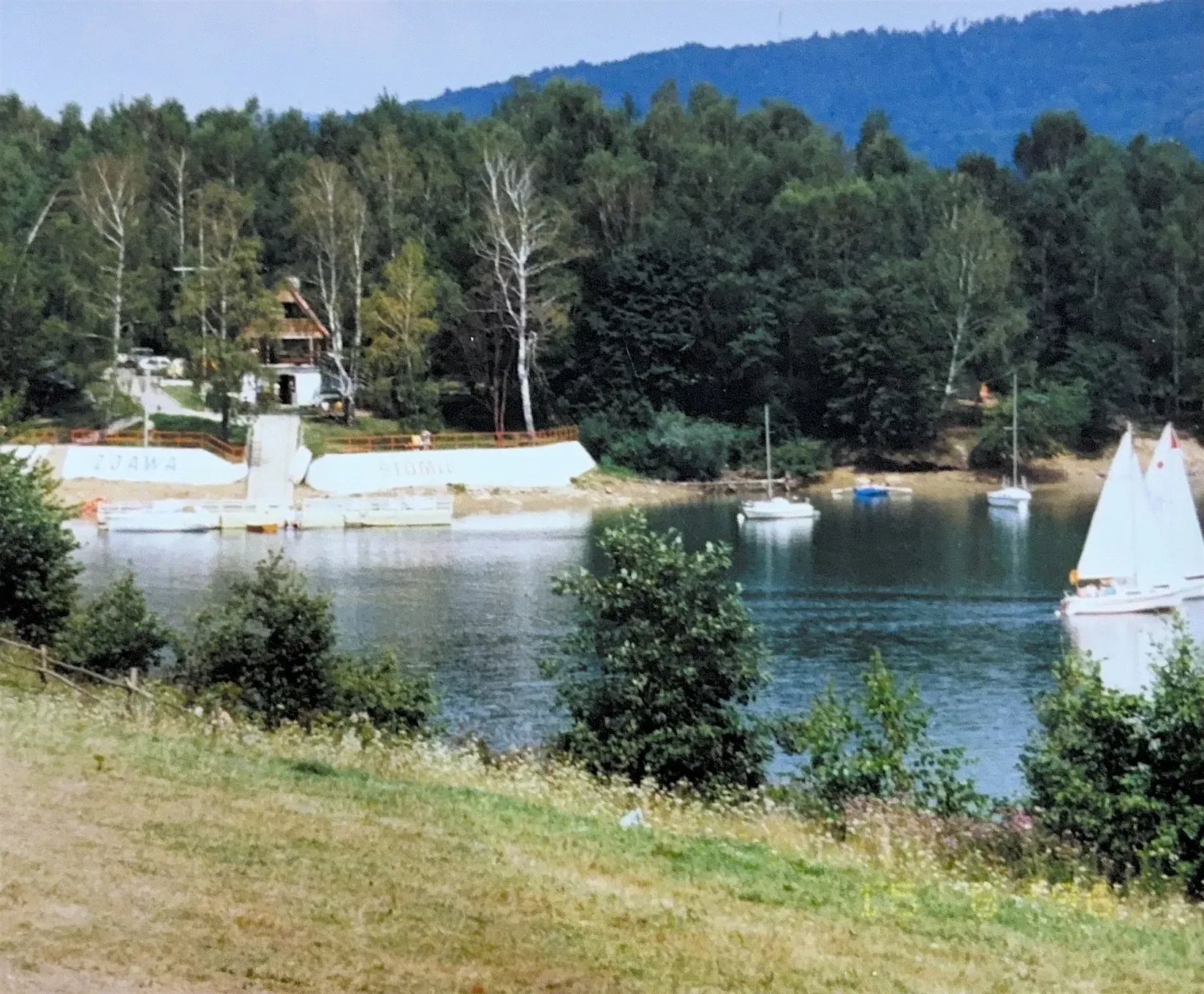 Zabytkowy Garbus i kamper na polu namiotowym